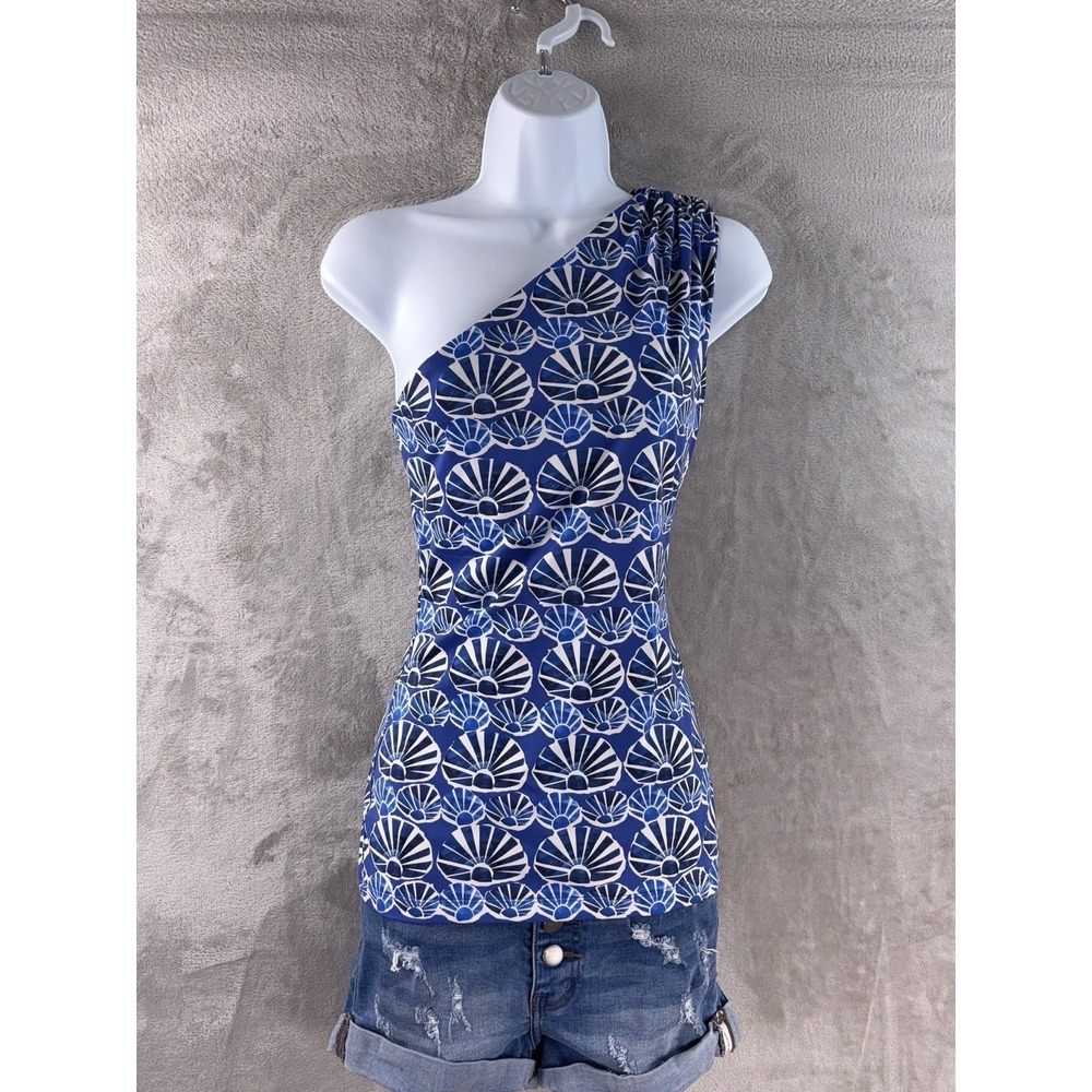 La Double J. Disco Blouse Womens Size XS Blue Shell Print One Shoulder‎ Stretch
